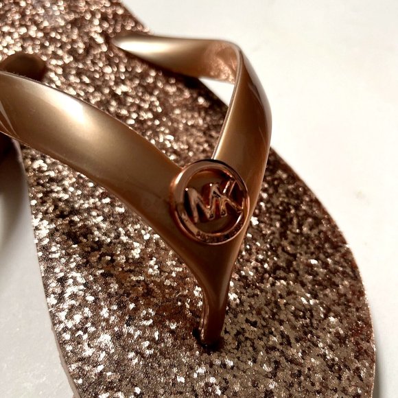 NWB MICHAEL KORS Glitter Flip-Flop Sandals Slide On Thong Rose Gold - Picture 4 of 7